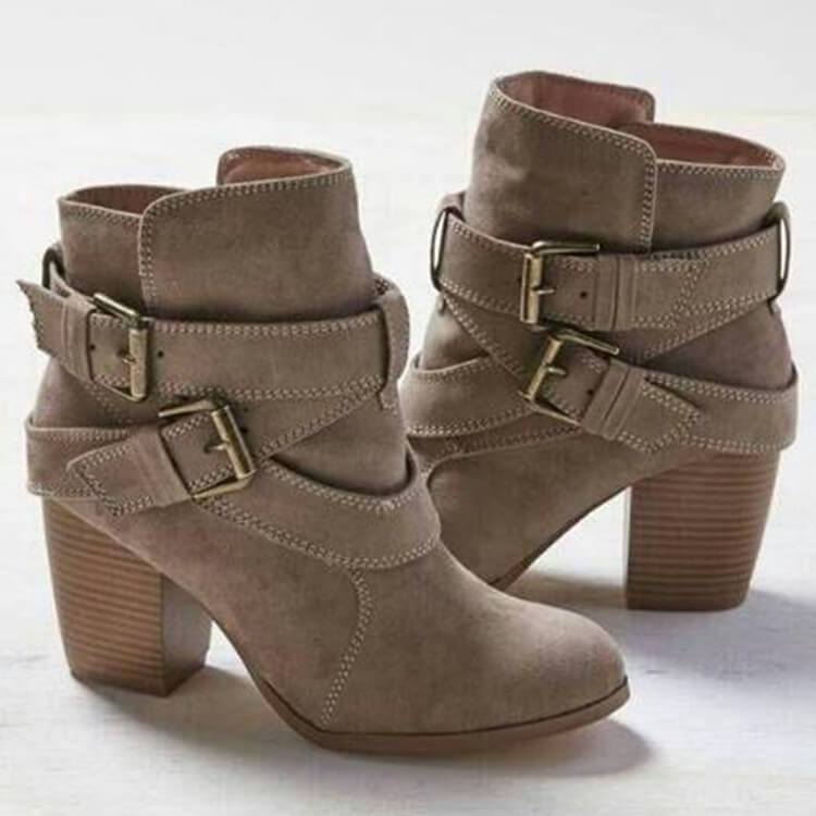 GOOSHOE Belt Buckle Suede Chunky Heel Round Toe Ankle Boots