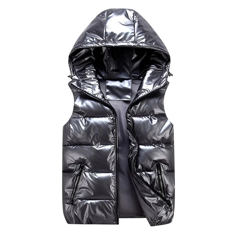 Women Winter Vests 2021 Cotton Padded Puffer Sleeveless Hooded Jacket Short Shiny Bright Color Vest Body Warmer Winter Waistcoat