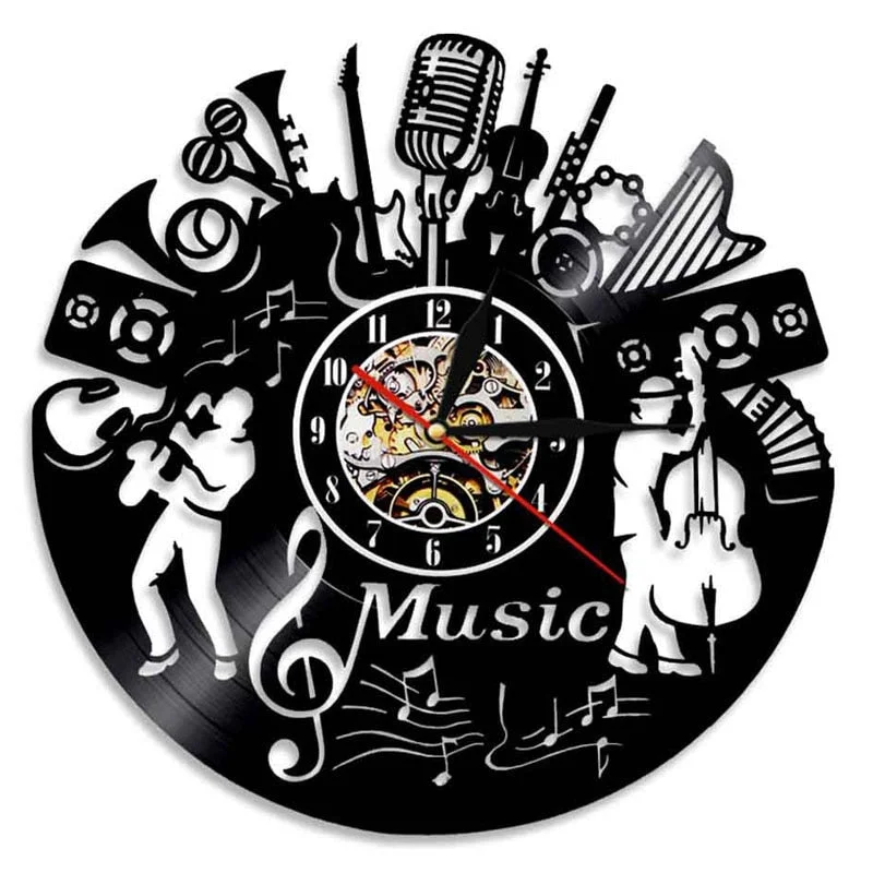 Acoustic Guitar Drum Vinyl Record Wall Clock Rock Music Theme Wall Art Musical Instrument Vinyl Clock Wall Watch Home Decor