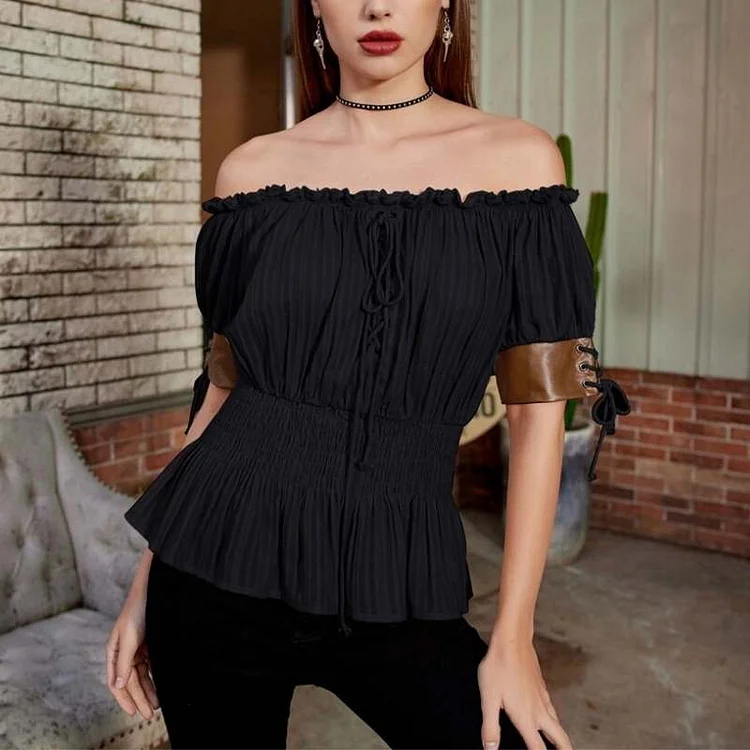 Steampunk bare shoulders Lace-up Short Sleeve shirt