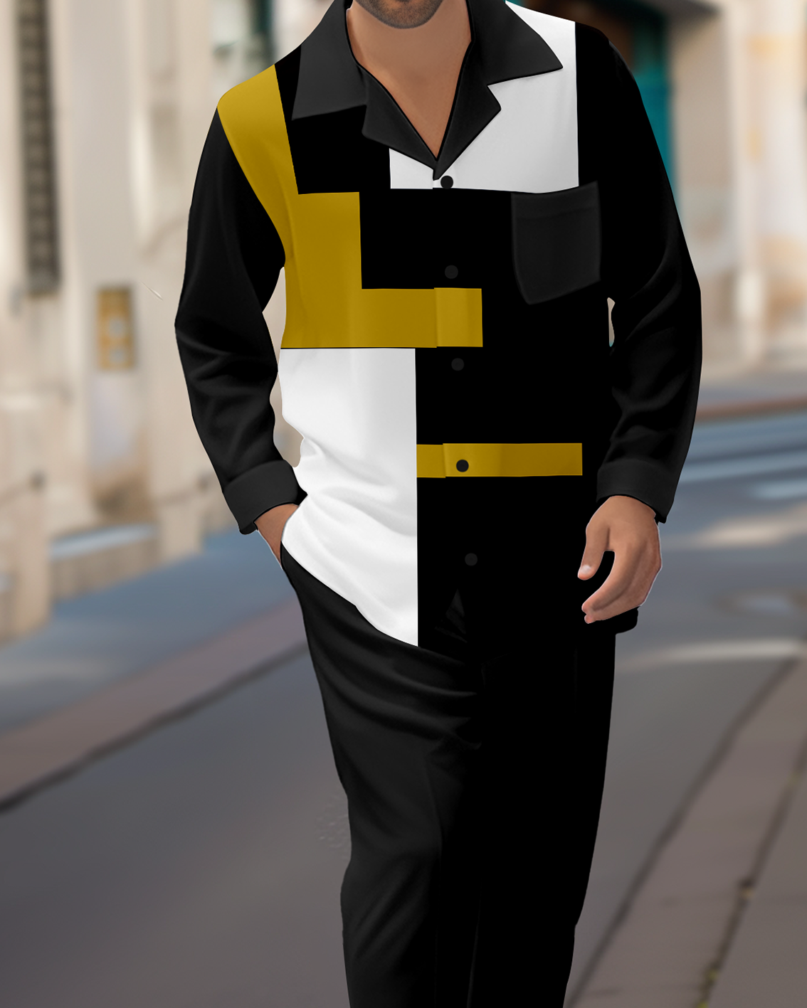Men's Colorblock Printed Long Sleeve Shirt Casual Walking Suit 1469