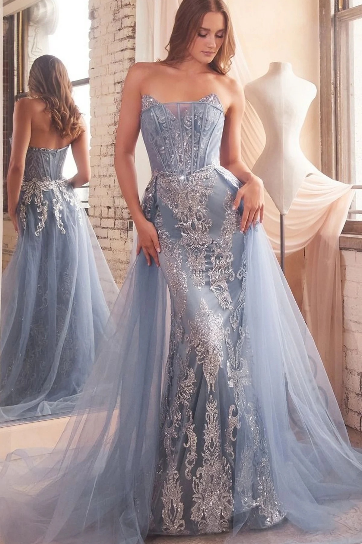 Ovlias Exquisite Blue Strapless Sequins Applique Mesh Layered Prom Dress LY0641
