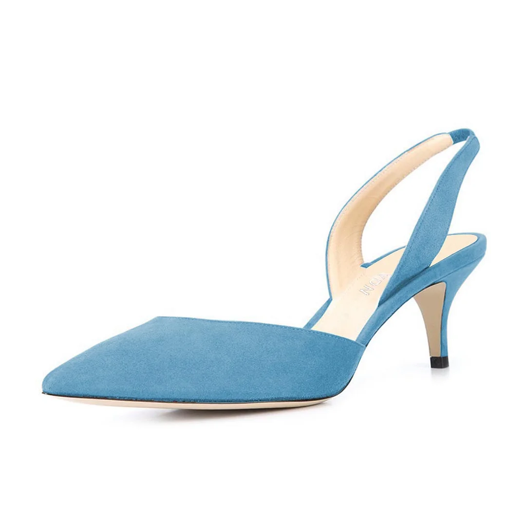 Blue Faux Suede Pointed Toe Slingback Classy Kitten Heel Pumps