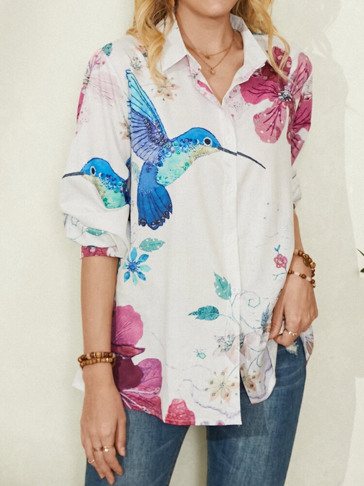 Women Calico Bird Print Lapel Button Long Sleeve Casual Shirt P1806003