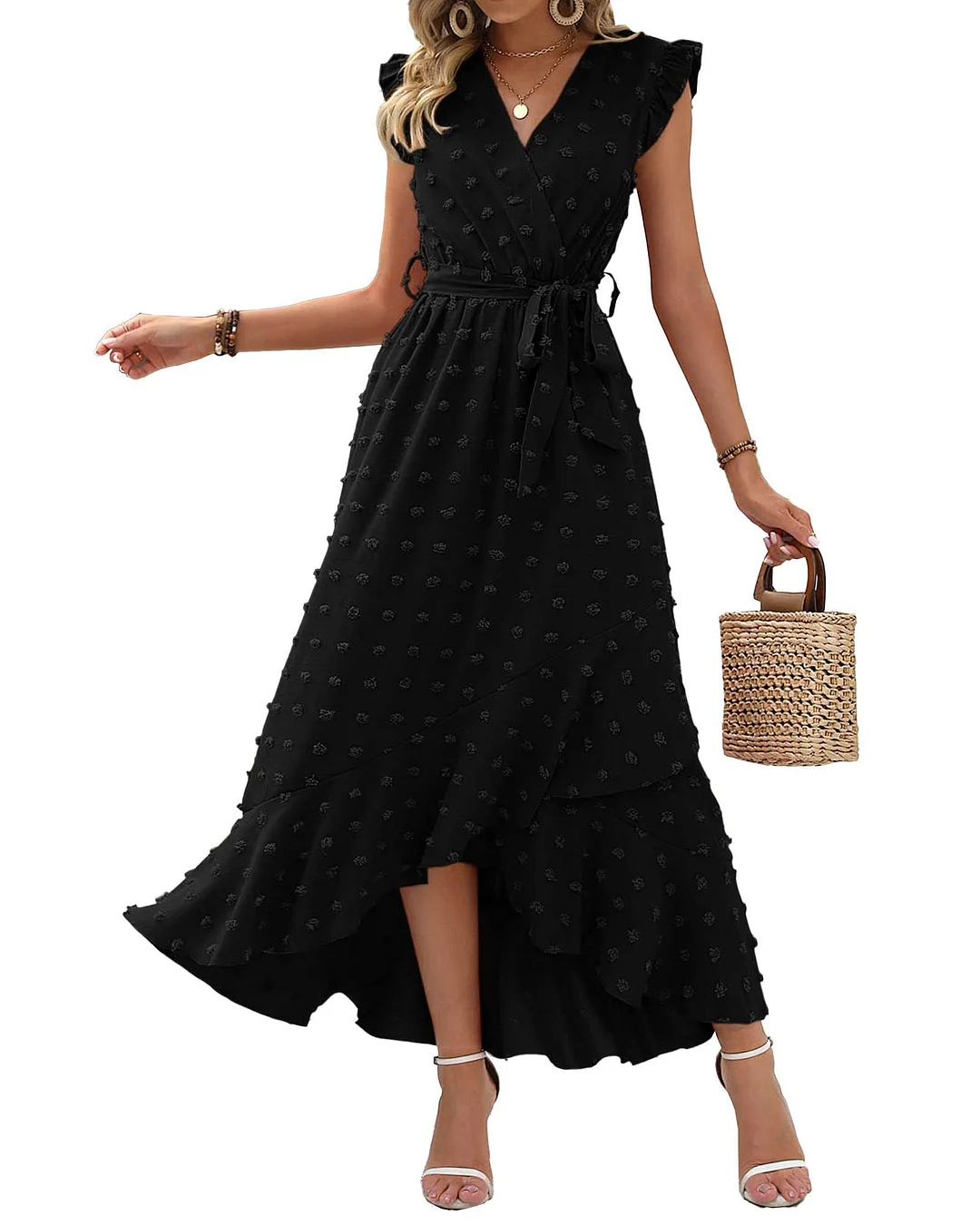 ✨Women's V Neck Cap Sleeve Swiss Dot Boho Flowy Ruffle Slit Long Maxi Dresses(buy 2 free shipping)