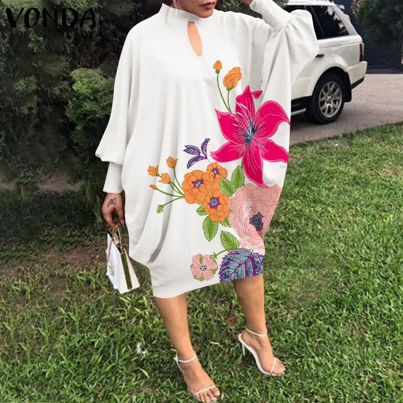 VONDA Women Dress 2022 Summer Spring Long Bat-Sleeve Solid Dresses Elegant Knee-Length Party Robe Ladies Bohemian Party Vestidos