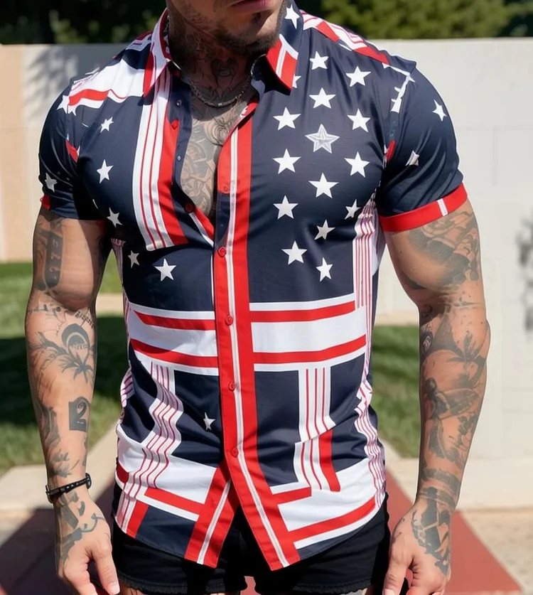 Men's Casual Flag Printed Vacation Short Sleeve Shirt at Hiphopee