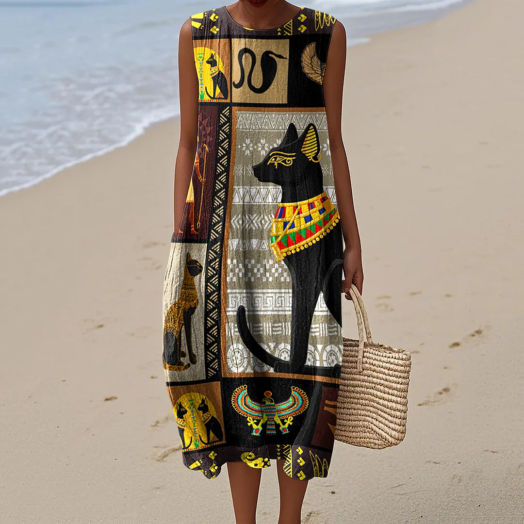 Women's Bast Egyptian Cat With Sun God Ra And Horus Art Pattern Sleeveless Dress