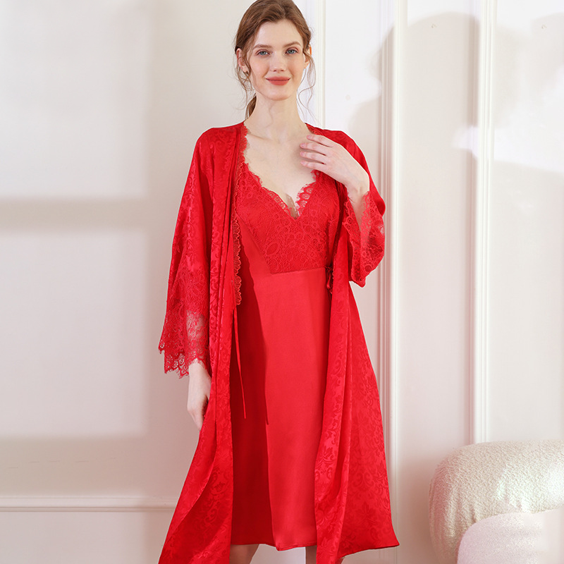 Luxury Lace Red Silk Robe Set For Women | Realsilklife