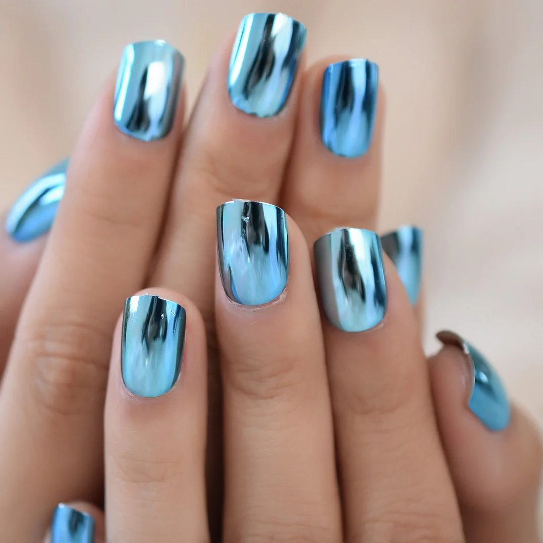 Shine Rock Style Mirror Light Fake Nail Patch Metal Plating Press On Nail Artificial Tip Light Blue Metallic Hard Nail Stuff-Nail Inspo