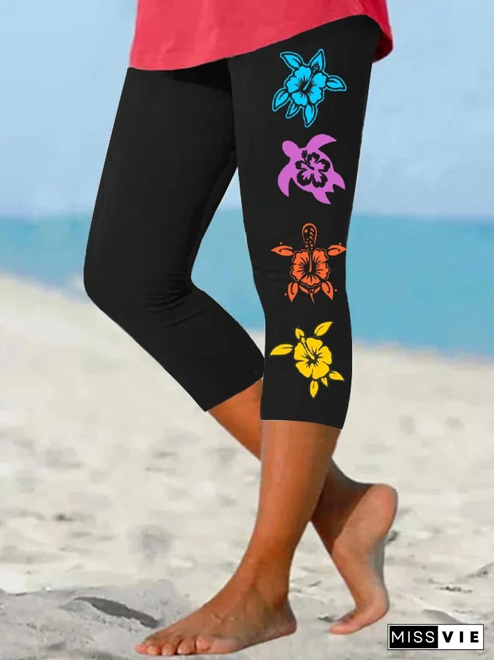 Women's Maui Hawaii Hibiscus Flower Sea Turtles Print Cropped Leggings