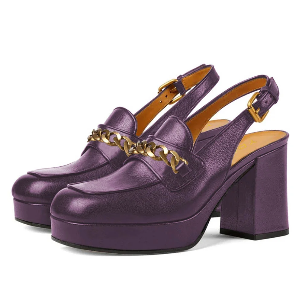 Purple Square Toe Chain Decor Chunky Heeled Loafers with Platform