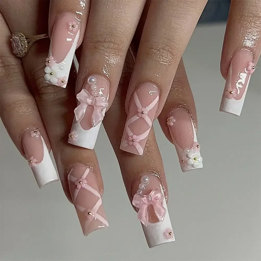 Ddmcloud 24pcs Long Ballerina Fake Nails Blue Crystal Flowers Pink Bow French False Nails Full Cover Press on Nails DIY Detachable