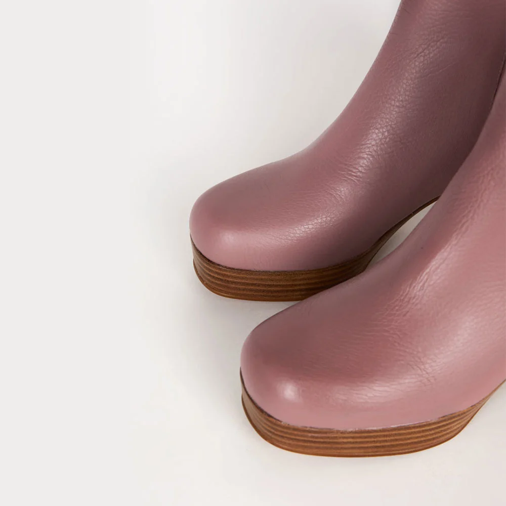 Lilac Purple Block Heel Round Toe Platform Booties with Back Zipper