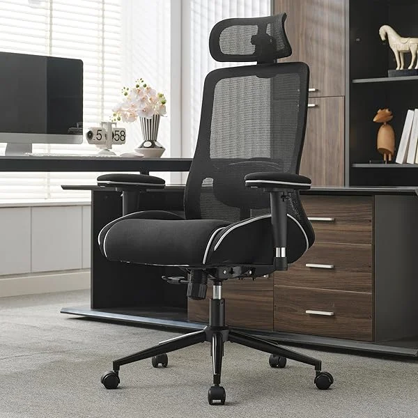 Ergonomic Office Chair, 400 LBS Mesh Office Chair with High Back, 4.33’’ Thicken Seat with Silver Trim Reclining Chair, Home Office Desk Computer Chair with Adjustable Headrest & 3D Armrests.