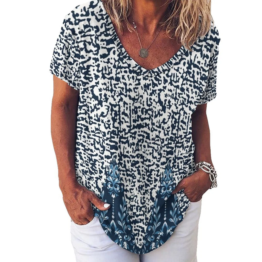 V-neck Short Sleeve Casual T-shirt for  Women Printed with Pattern Graphic, Blue, Gray