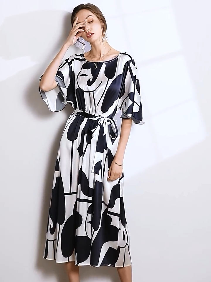 Summer Collect Waist Silk Long Dress REAL SILK LIFE