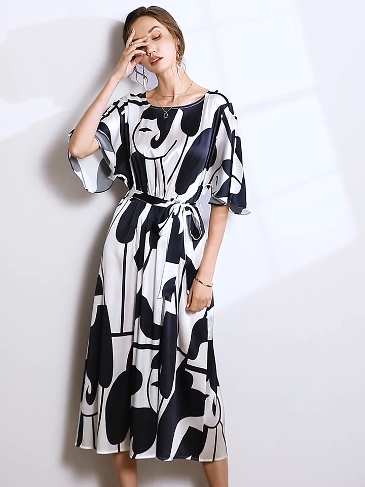 Summer Collect Waist Silk Long Dress-Real Silk Life