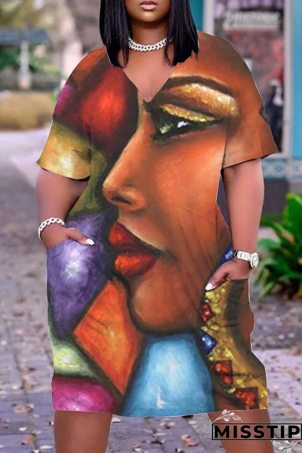 Black Casual Print Patchwork V Neck Straight Dresses