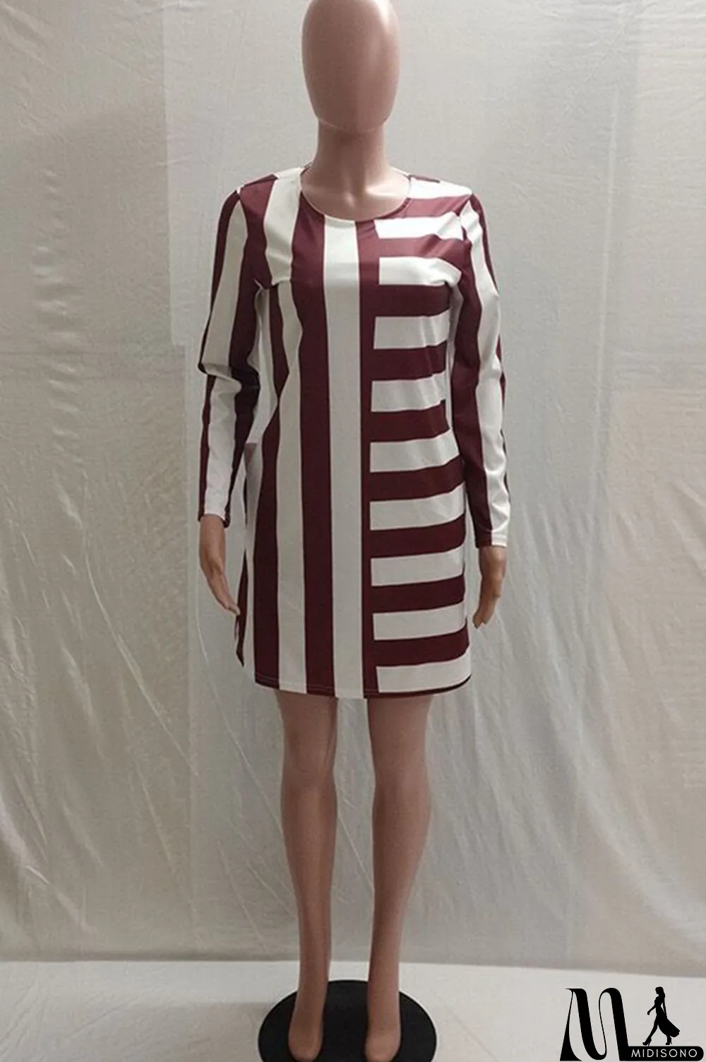 MidiSono - White Acetyl fiber Sweet Cap Sleeve Long Sleeves O neck Swagger Knee-Length Print Striped Patchwork
