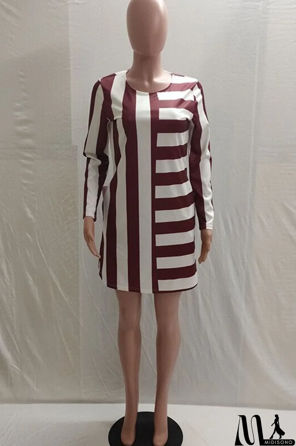 MidiSono - White Acetyl fiber Sweet Cap Sleeve Long Sleeves O neck Swagger Knee-Length Print Striped Patchwork
