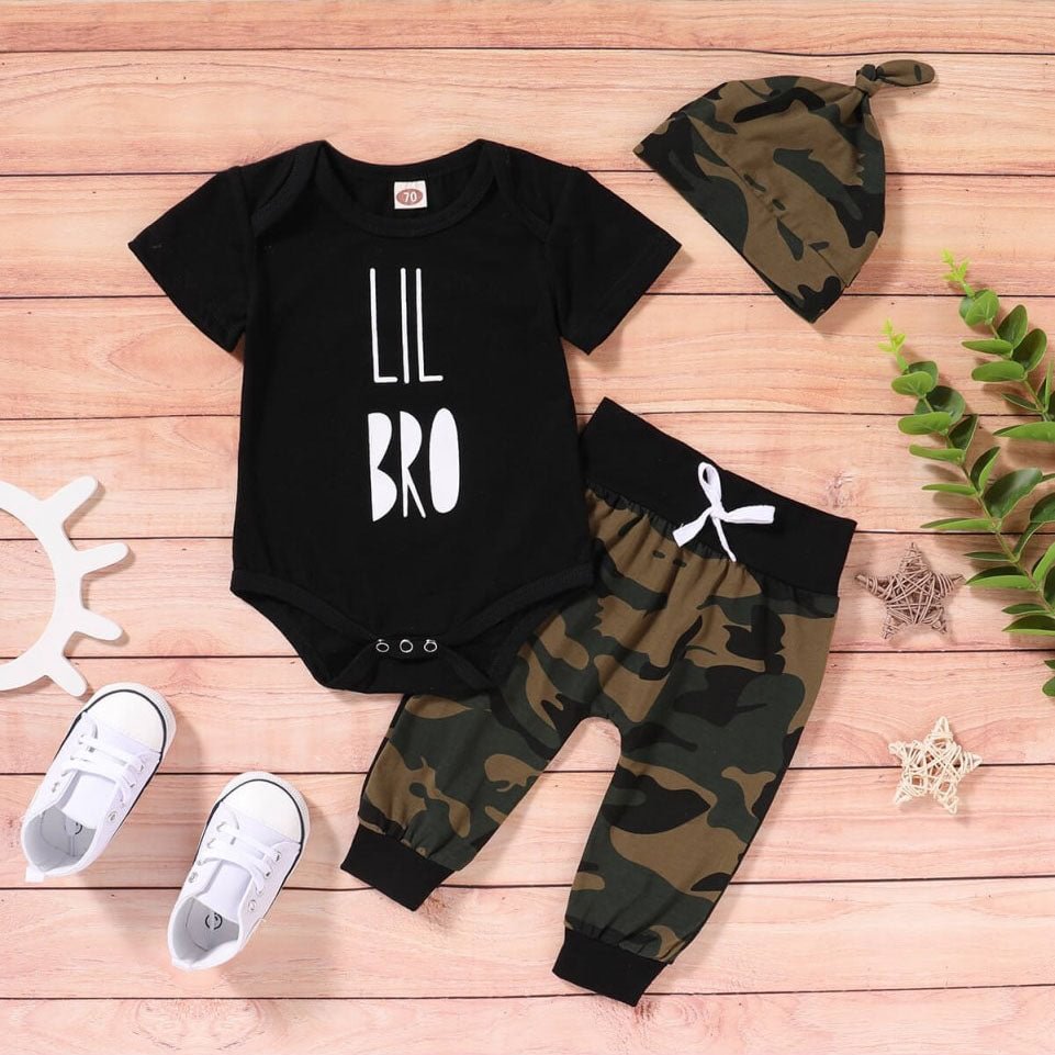 "LIL BRO" Camouflage Printed Baby Boy Set