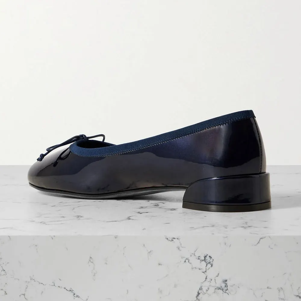 Classic Navy Patent Leather Round Toe Bow Flat Shoes for Women