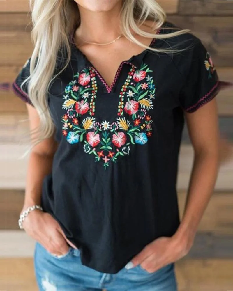 Women's Floral Print Ethnic Style Short Sleeve  T-Shirt-030919