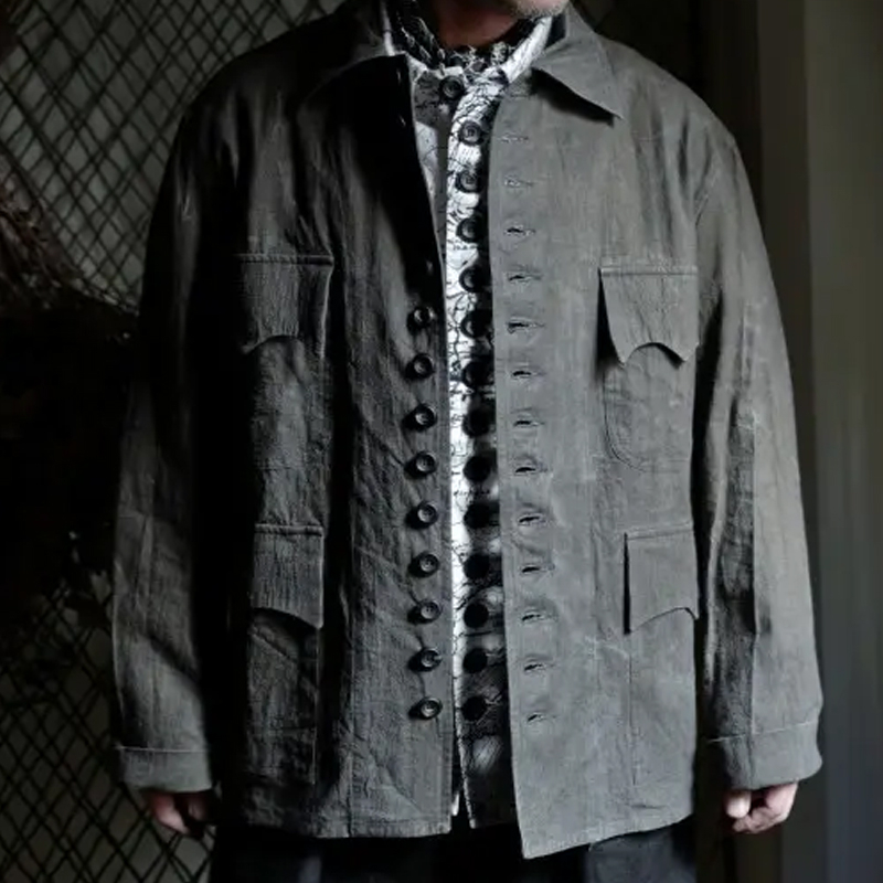 Men's Vintage Cotton-Linen Button-Down Military-Inspired Jacket