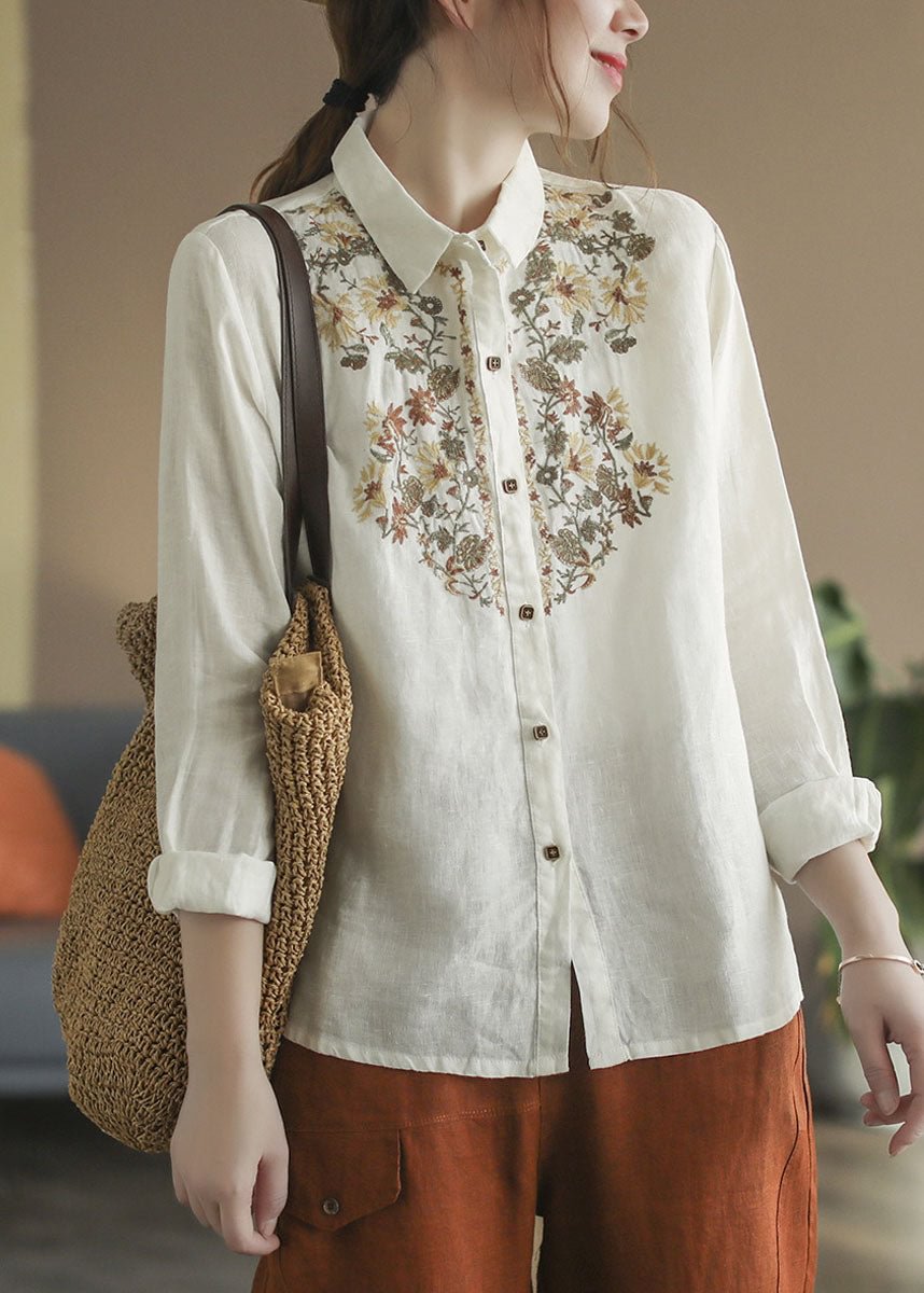 French Beige Peter Pan Collar Embroideried Linen Shirt Tops Spring CK1809- Fabulory