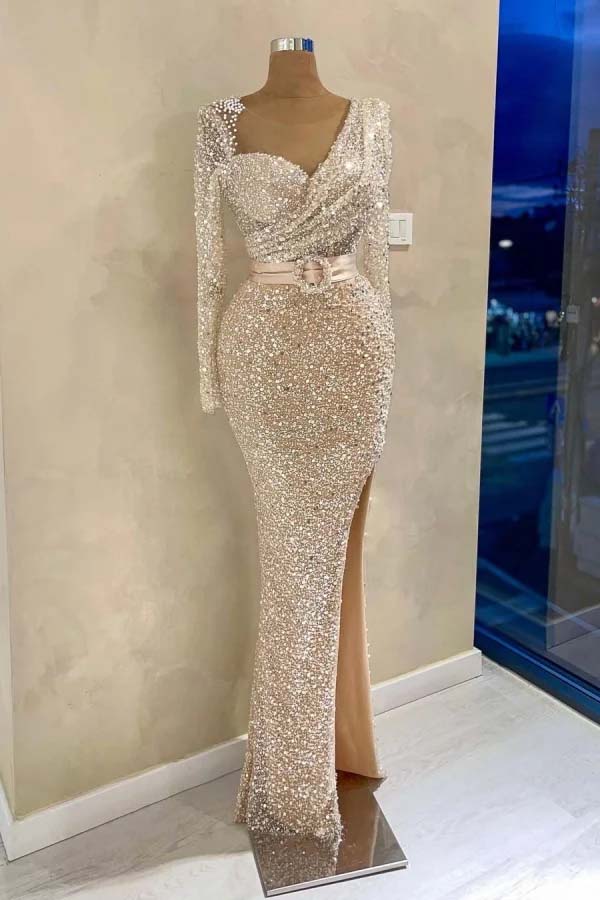 Beaded Split Long Sleeves Evening Dress With Belt | ZT0401