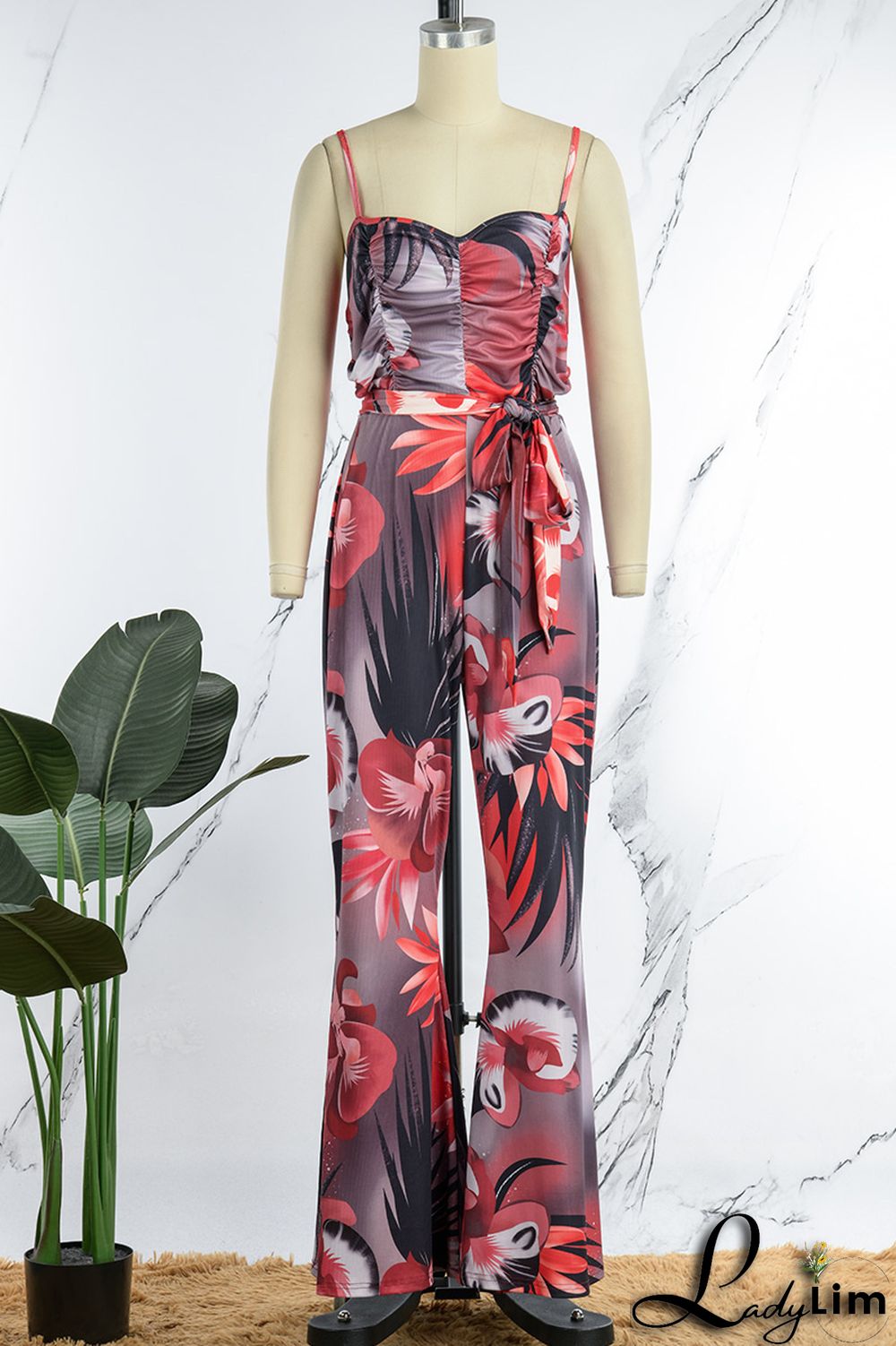 Red Sexy Print Bandage Patchwork Spaghetti Strap Regular Jumpsuits