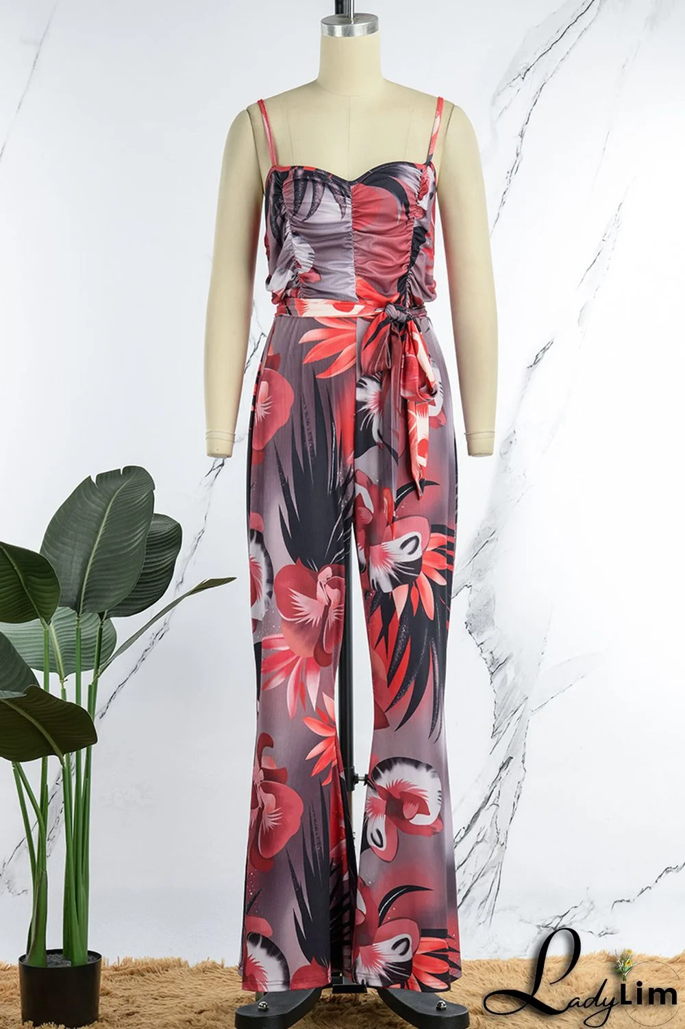 Red Sexy Print Bandage Patchwork Spaghetti Strap Regular Jumpsuits