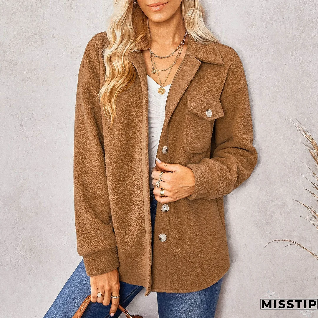 Women Long Sleeve Solid Color Pocket Fashion Casual Button Jacket