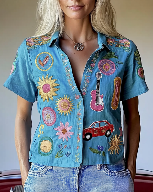 Women's short-sleeved hippie fun embroidery print top dd7e