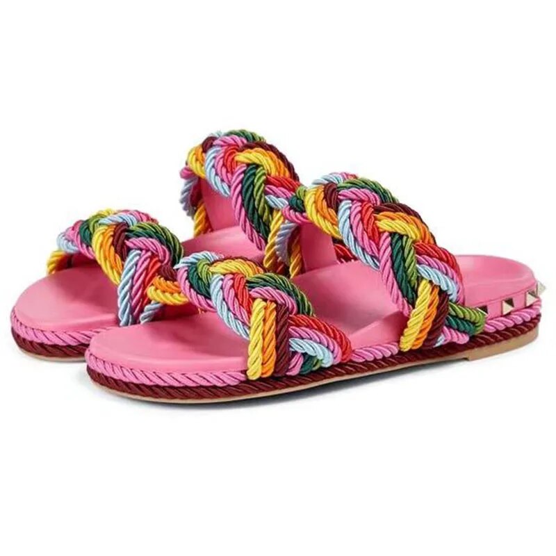 Pink Weave Sandals Woman Open Toe Mixed Color Flats Lady Beach Slippers