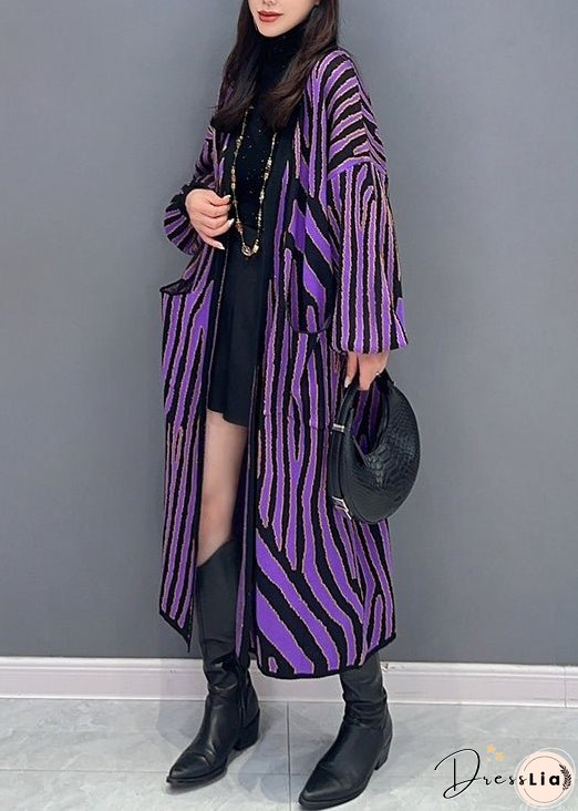 Women Purple Striped Pockets Patchwork Knit Long Cardigan Fall