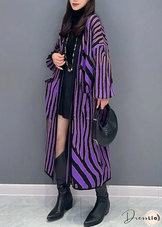 Women Purple Striped Pockets Patchwork Knit Long Cardigan Fall