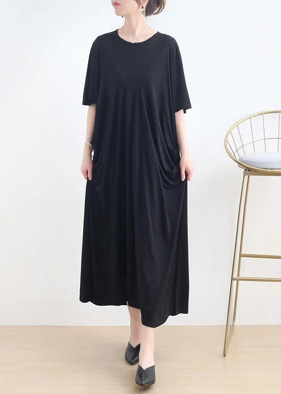 Art Black Cinched O-Neck Summer Cotton Dress