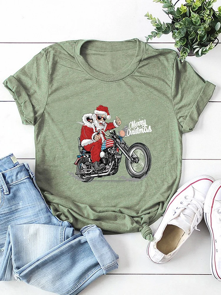 Bestdealfriday Santa Claus Motorcycle Merry Christmas Graphic Tee