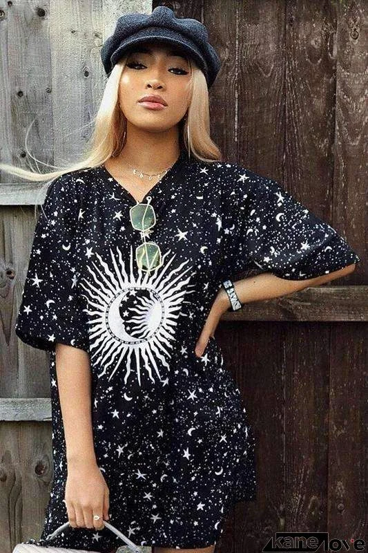 Stars And Moon Printed Loose T-Shirt Dress