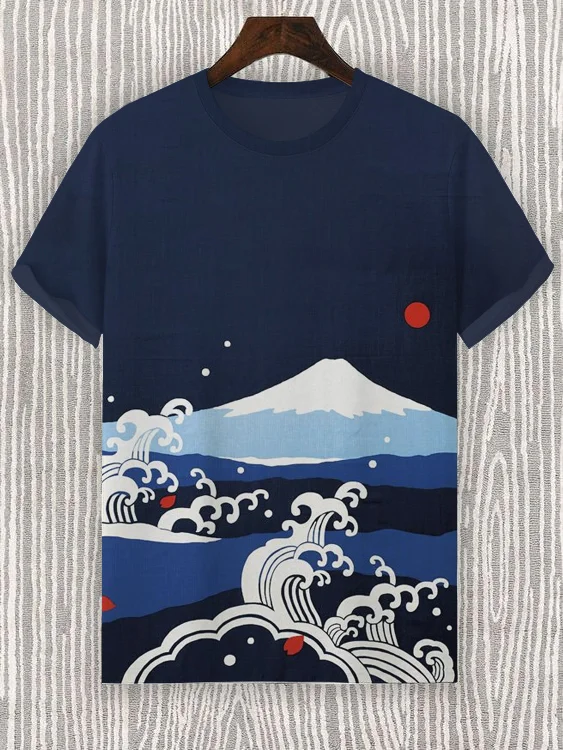 Men's Japanese Mount Fuji Ocean Art Print Casual T-Shirt