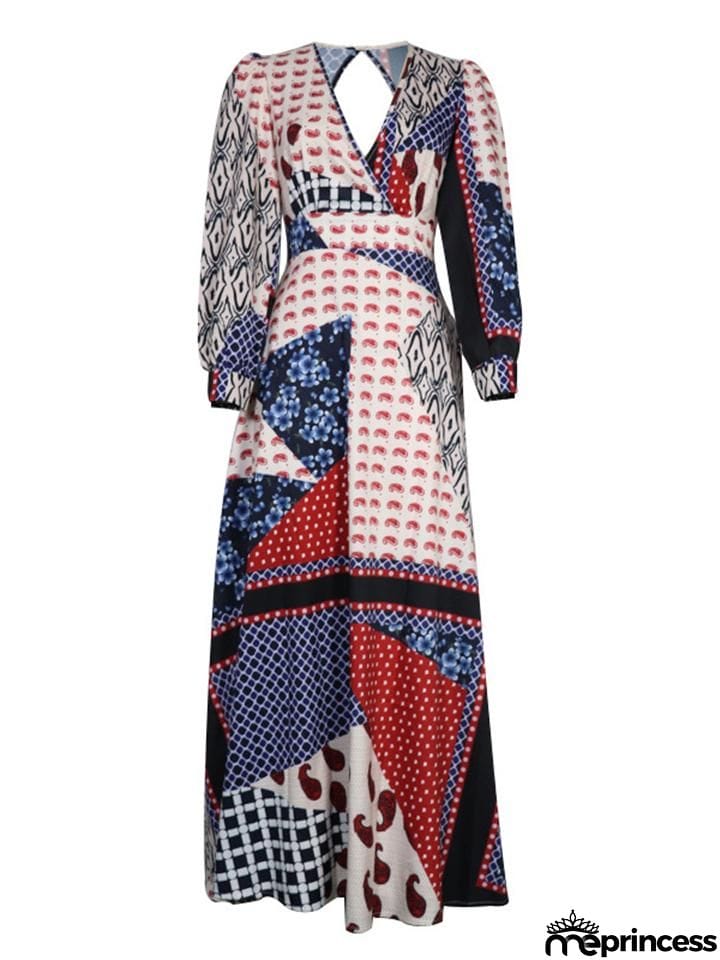 Bohemian Style V Neck Long Sleeve Opening Back Fitted Waist Flare Maxi Dress