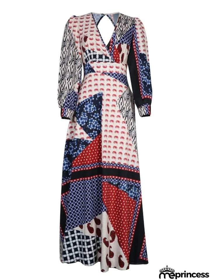 Bohemian Style V Neck Long Sleeve Opening Back Fitted Waist Flare Maxi Dress