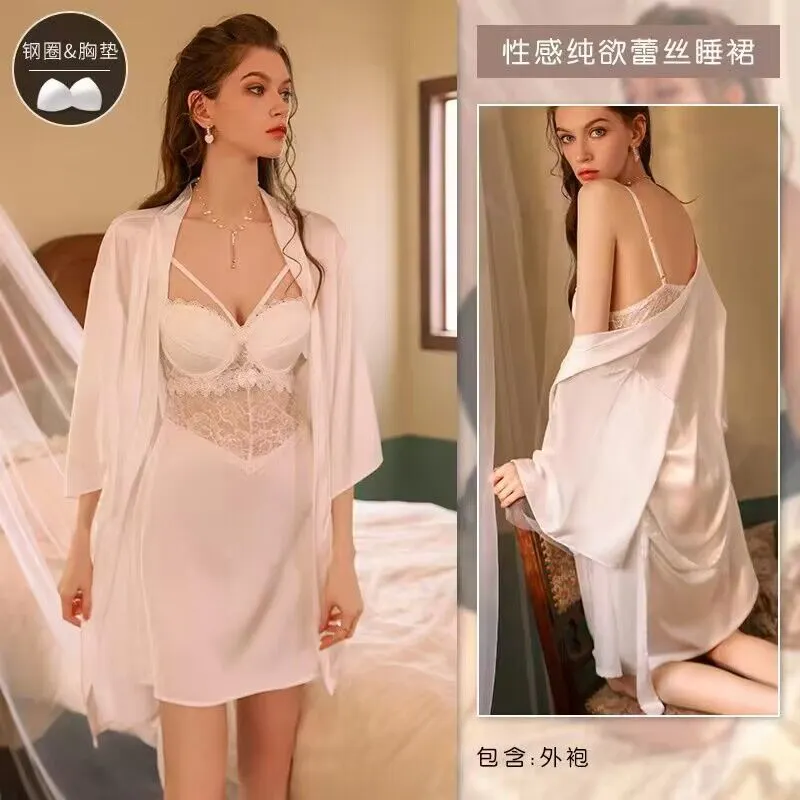 Brownm New Home Net Red Pyjale Sex Dress Sex Suit Deep V Sexy Lace Perspective Sling With Pajamas Open Fork Woman Seduction Summer