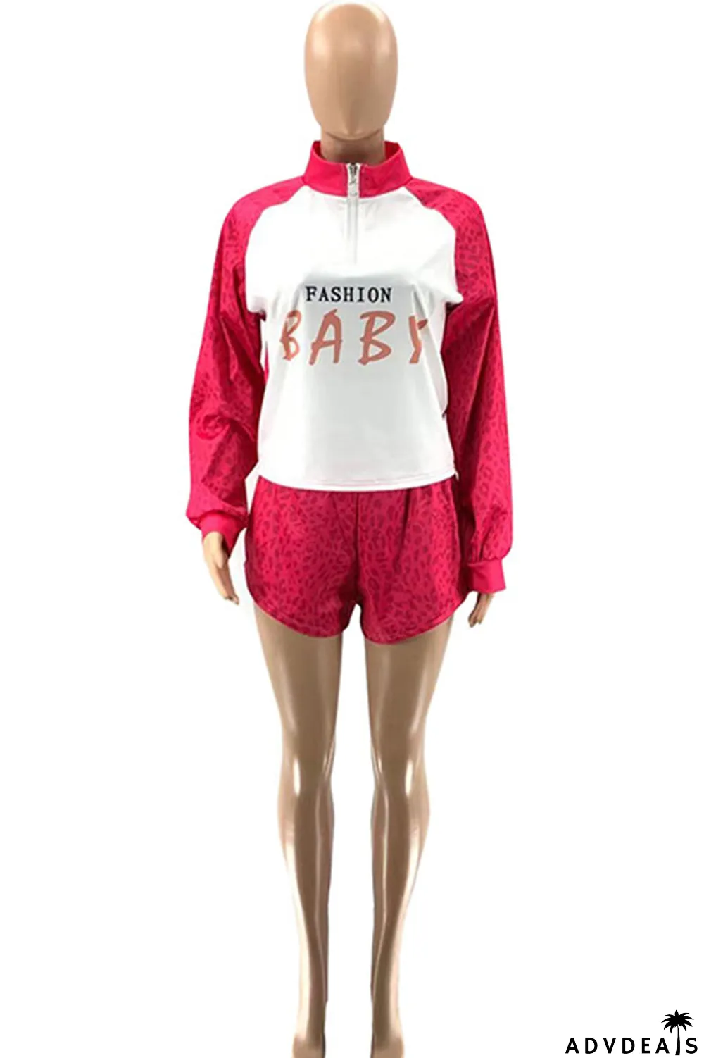 Red Casual Sportswear Print Leopard Split Joint Zipper Collar Long Sleeve Two Pieces