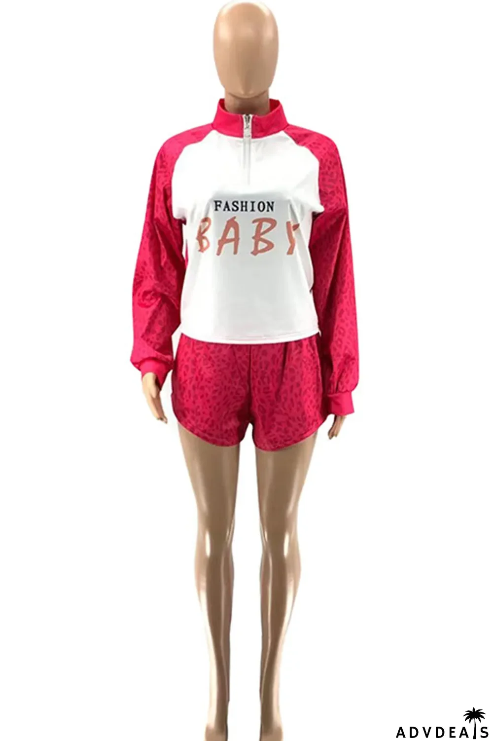 Red Casual Sportswear Print Leopard Split Joint Zipper Collar Long Sleeve Two Pieces