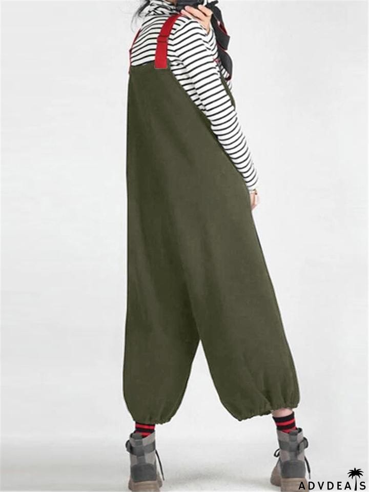 Casual Style Side Pocket Elastic Cuff Strappy Overalls