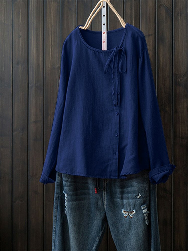 Front Button Crew Neck Long Sleeve Casual Shirt P1440040