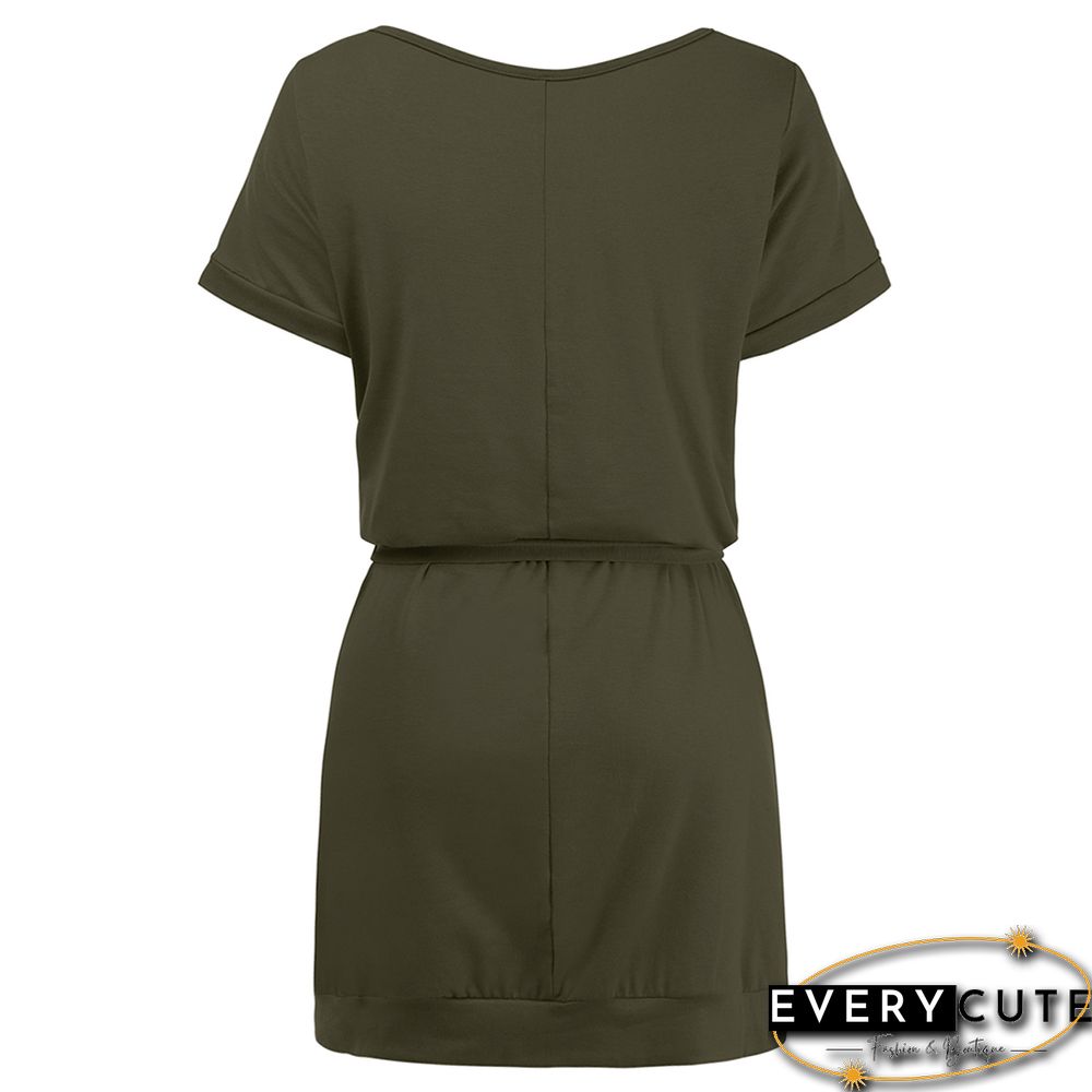 Army Green Solid Tie Waist Short Sleeve Mini Dress